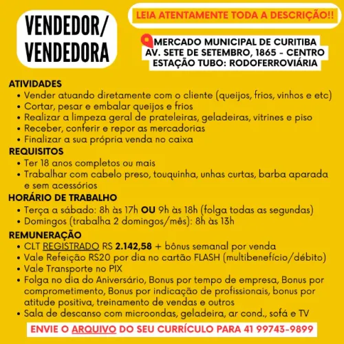 Queijaria - Vendedor ou Vendedora - Mercado Municipal / Centro