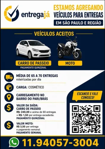 Agrega-se Carro de Passeio e Moto - Carregamento no Bairro do PARI/BRÁS.
