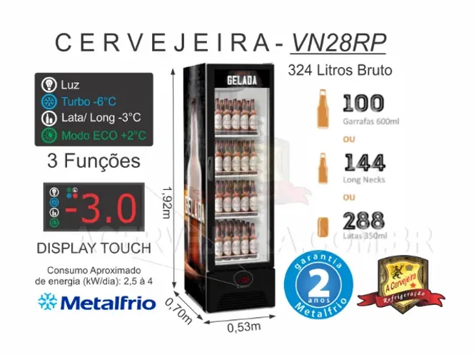  Cervejeira Expositora 4 cx Porta Vidro Display Touch Metalfrio VN28RP (324 litros)