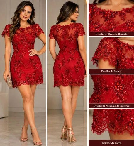 Vestido Vermelho de Festa Curto Bordado com Pedrarias
