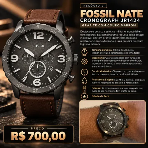 RELÓGIO FOSSIL NATE CRONOGRAPH JR1424 - GRAFITE COM COURO MARROM