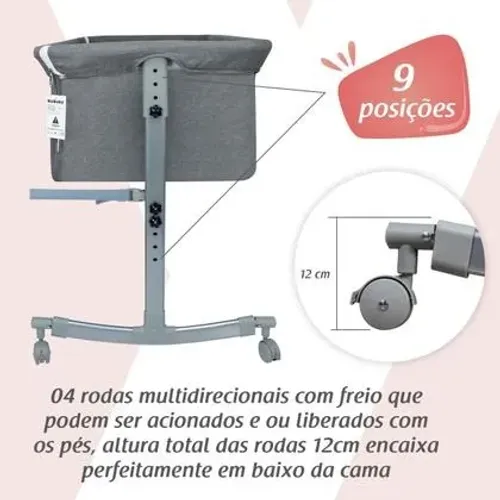 Berço Portátil Sleep 3 em 1 Moisés Co-bed Acopla na Cama Cinza Kababy