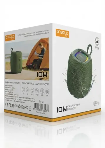 Caixa De Som Portátil ? GOLD SM-51 5W Bluetooth 5.4 IPX6 TWS USB AUX TF - Preta<br>
