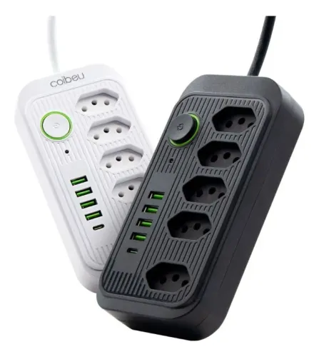 Régua Extensão 2m Filtro 5 Tomadas 4 Usb 1 Tipo C Anti Chama
