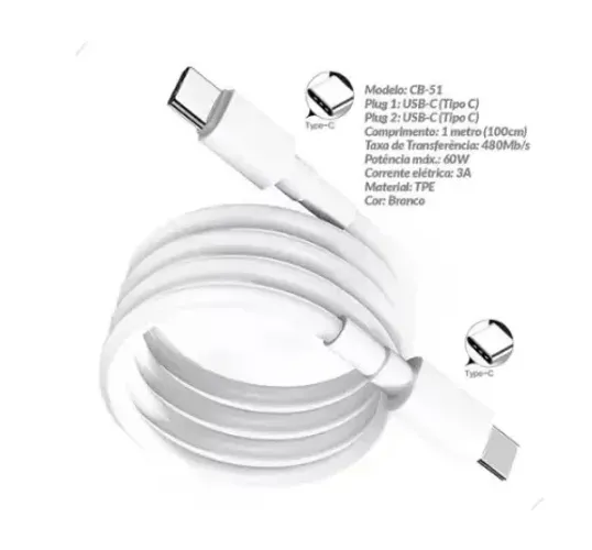 Cabo Carregador Celular Tipo C Rapido 60w 1M Usb -C Para Carregamento Rápido
