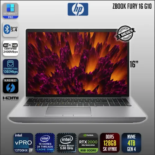 Notebook Workstation HP Zbook Fury 16 G10 I7-13700hx 128gb Ddr5 Nvme 4tb Rtx2000 Ada 8GB