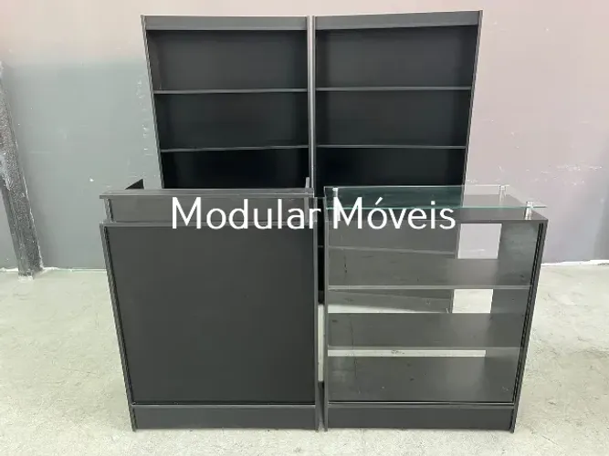 Balcão Caixa, Balcão Vitrine com Tampo de Vidro, 2 Estantes Prateleiras - MDF Preto