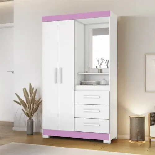 Guarda Roupa NT 6020 Branco/Rosa 2 portas 3 Gavetas Notável - Entrega Rápida!