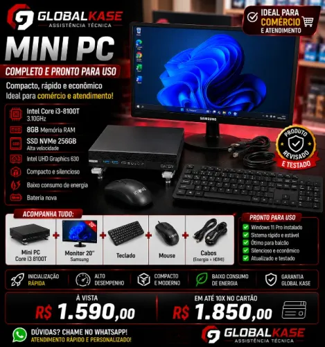 Mini PC Completo i3 8100T 8GB SSD NVMe 256GB + Monitor 20"