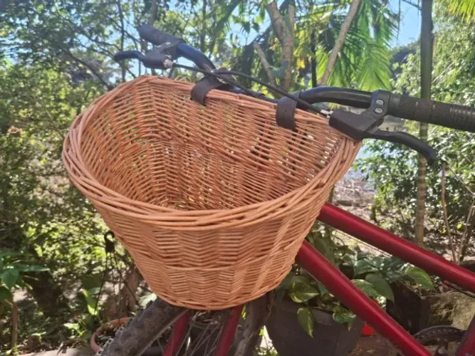 Cesta de vime para bicicleta, retrô, com alça de couro