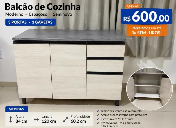 ? BALCÃO DE COZINHA 3 PORTAS E 3 GAVETAS - SEMINOVO