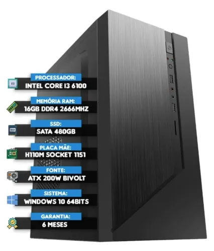 Pc Gamer H110 Ddr4 + 6ª I3 6100 + 16gb Ram Ddr4 + 480 Gb N/f 16 Gb