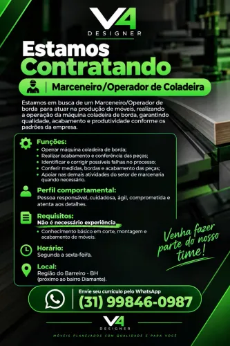 Vaga para Operador de Coladeira Marcenaria