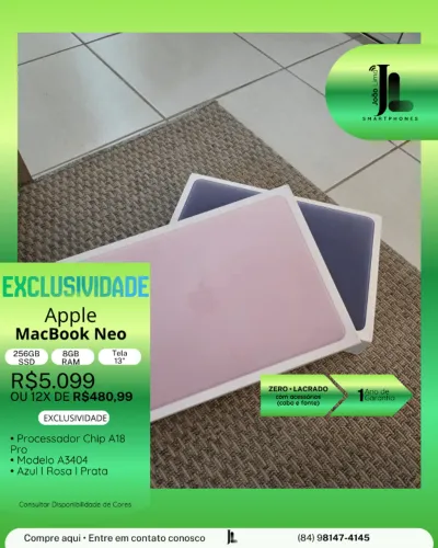 MACBOOK NEO, 256GB, 8GB RAM, TELA 13 POL., LACRADO, LANÇAMENTO!
