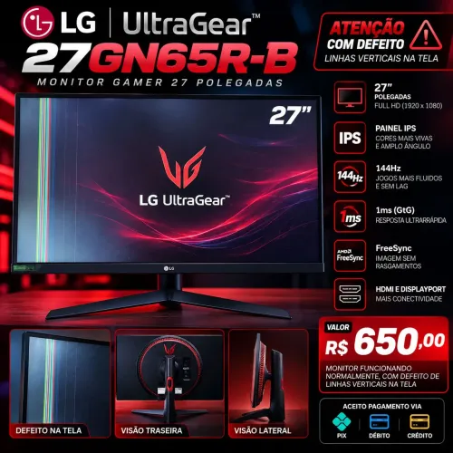 Monitor Gamer LG UltraGear 27? 144Hz IPS Full HD - Com Defeito na Tela