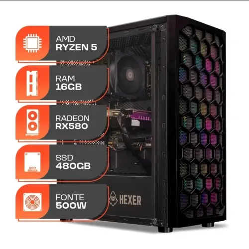 PC Gamer, AMD Ryzen 5 5500, Radeon RX 580 8GB, 16GB DDR4, SSD 480GB, Fonte 500W 80 Plus
