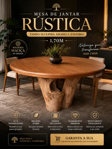 MESA DE JANTAR RÚSTICA - SUCUPIRA AMARELA (FAVEIRO) 1,70M - Fabricamos sob encomenda