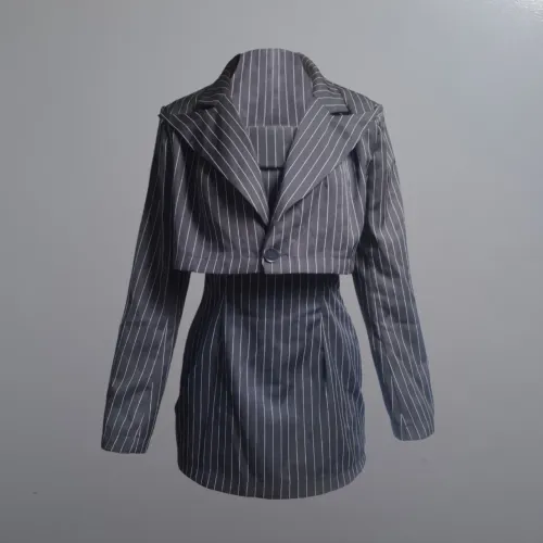 conjunto 2 peças, blazer e vestido tubinho. cor preto com riscas brancas. tam pp