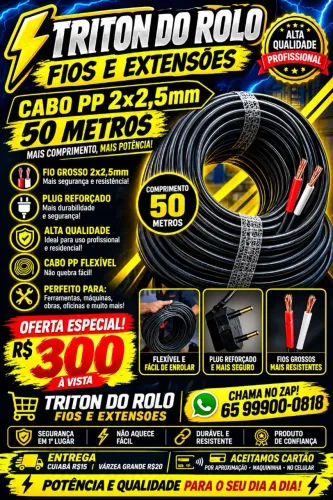 Extensão Cabo PP 2 x 2.5 mm Flexível 50 Metros