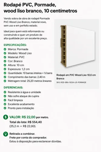 Rodape pvc branco liso 10 cm