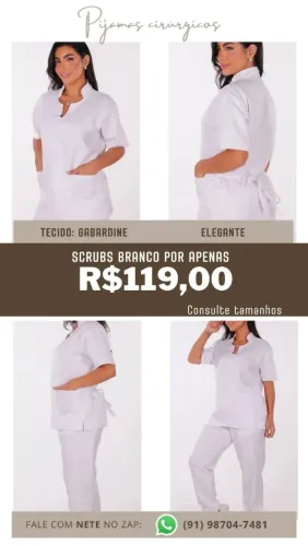 SCRUB BRANCO em tecido gabardine, confortável e sem transparência. 