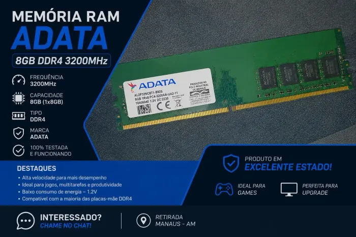 Memória RAM Adata 8gb 3200mhz