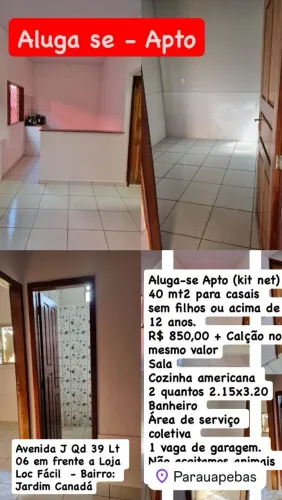 Aluga-se Apt (kit net) R$ 850,00 + calção no mesmo valor.