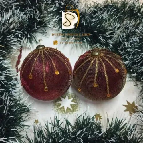 KIT 2 BOLA DECORADA NATAL C/ GLITTER-PEDRARIA- VERMELHO E DOURADO 10cm- LUXO-IMPORTADA