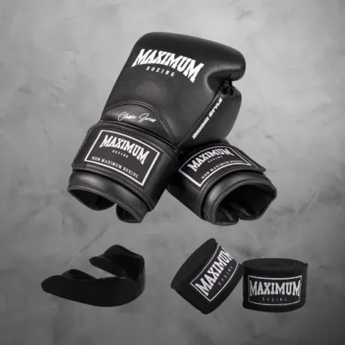 Kit Boxe Maximum Classic Black - Luva, Bandagem e Protetor Bucal