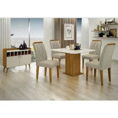 Mesa Napoli  Vidro Off White C/ 4 Cad Freijo/ Joli/palha