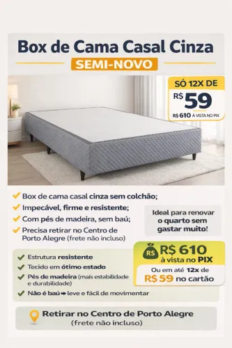 BOX DE CAMA CASAL CINZA EM MATELACÊ E PÉS EM MADEIRA