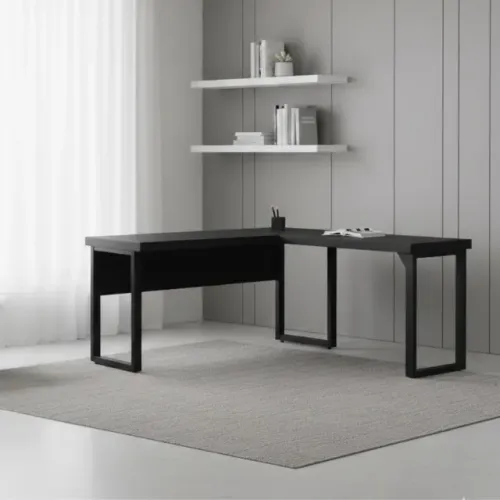 Mesa Em L Para Escritório Com Mesa Auxiliar Estrutura Metálica Preta 26010