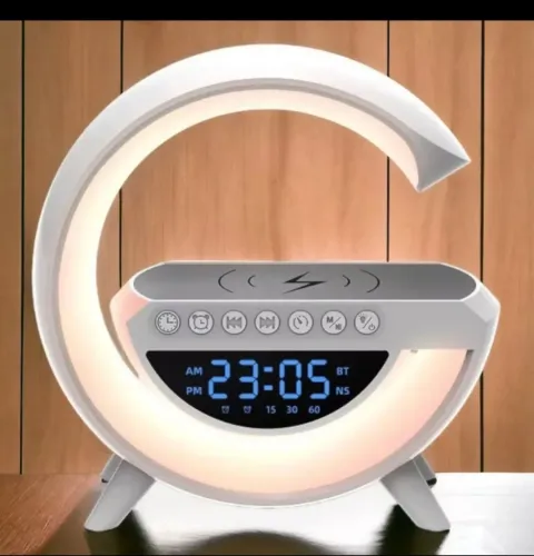 Caixinha de som g- speaker smart carregador indução, rádio relogio