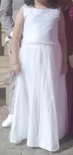 Vestido de florista Juvenil G Branco com cinto de pérolas e tule