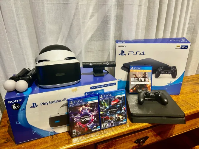 PlayStation 4 Slim 500Gb + VR + Brinde (2 jogos VR / 1 jogo PS) - Tudo original na caixa