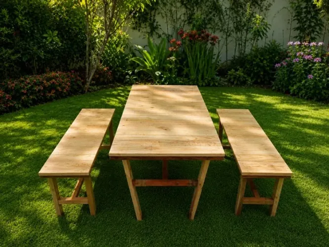 Vende-se linda mesa com 2 bancos em Madeira