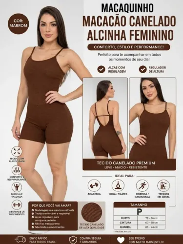 Macaquinho Macacão Canelado Alcinha Feminino Roupa Academia Esportivo Fitness Treino