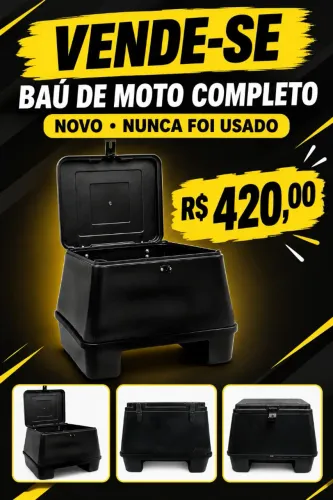 Baú de moto completo <br>Novo, nunca foi usado!<br>Valor<br>Novo, nunca foi usado!<br>Valor