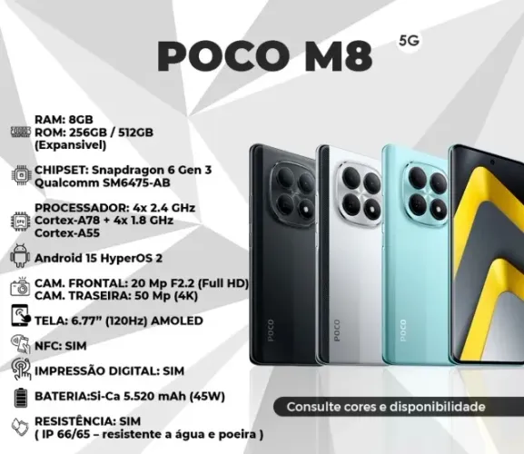 Celular Poco M8 5G 256+08 Ram Preto Verde Prata Lacrado A Pronta Entrega 