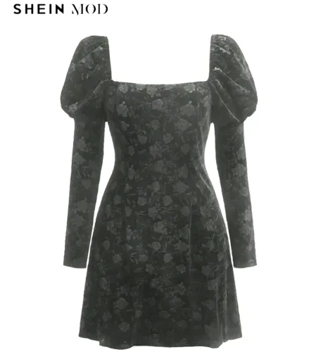 Vestido Preto Jacquard Veludo SHEIN MOD