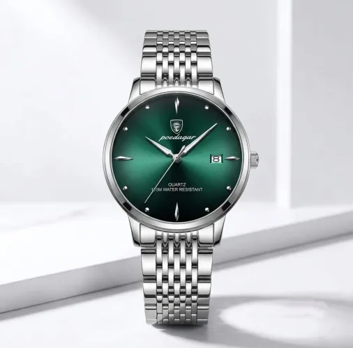 Relógio Luxo Clássico Poedagar Inox 868 Verde com efeito Sunray Pulseira Inox Classica