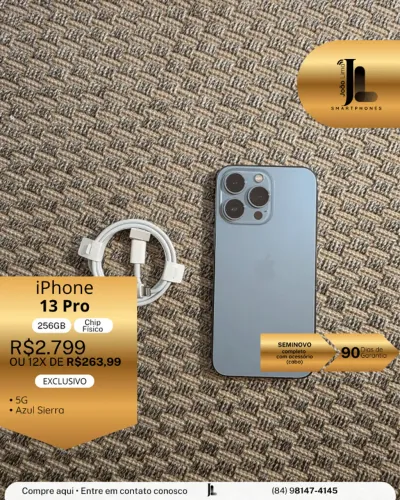 IPHONE 13 PRO, 5G, 256GB, CHIP FÍSICO, AZUL SIERRA, SEMINOVO, EXCLUSIVO!
