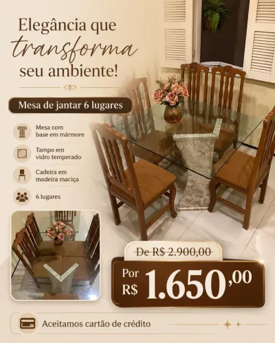 Mesa de Jantar 6 Lugares com Base em Mármore e Tampo de Vidro - Excelente Estado