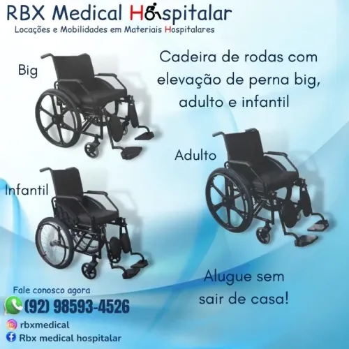 Aluguel de cadeira de roda big infantil e seme obso com apoio de panturrilhas em Manaus.