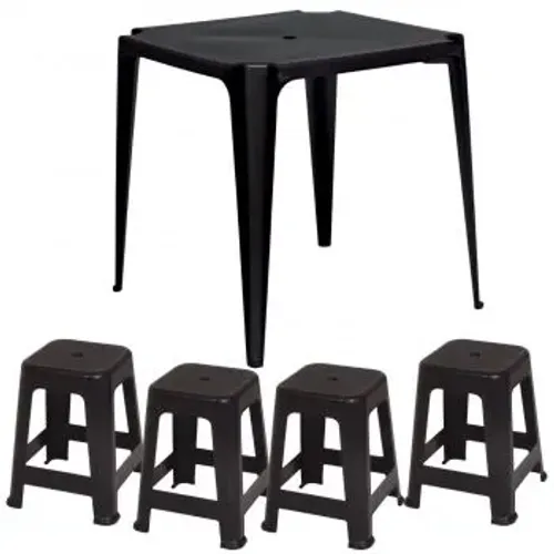Kit Mesa Plástica Quadrada + 4 Banquetas Preta Suporta 120 Kg