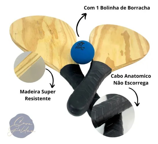 Raquetes de Madeira para Jogo de Peteca - Kit com 2 Raquetes e 1 Bolinha