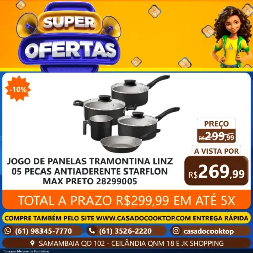 JOGO DE PANELAS TRAMONTINA LINZ 05 PECAS ANTIADERENTE STARFLON MAX PRETO 28299005