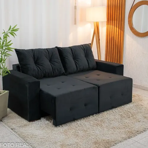 Sofá Retrátil 2 Lugares 180cm Preto Almofadas Soltas 