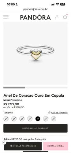 Anel de Coracao Ouro Em Cupula - Pandora original com nota fiscal!