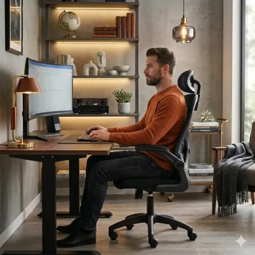 NOVA na Promo! Cadeira de escritório ergonômica com apoio e ajustes de altura giratória